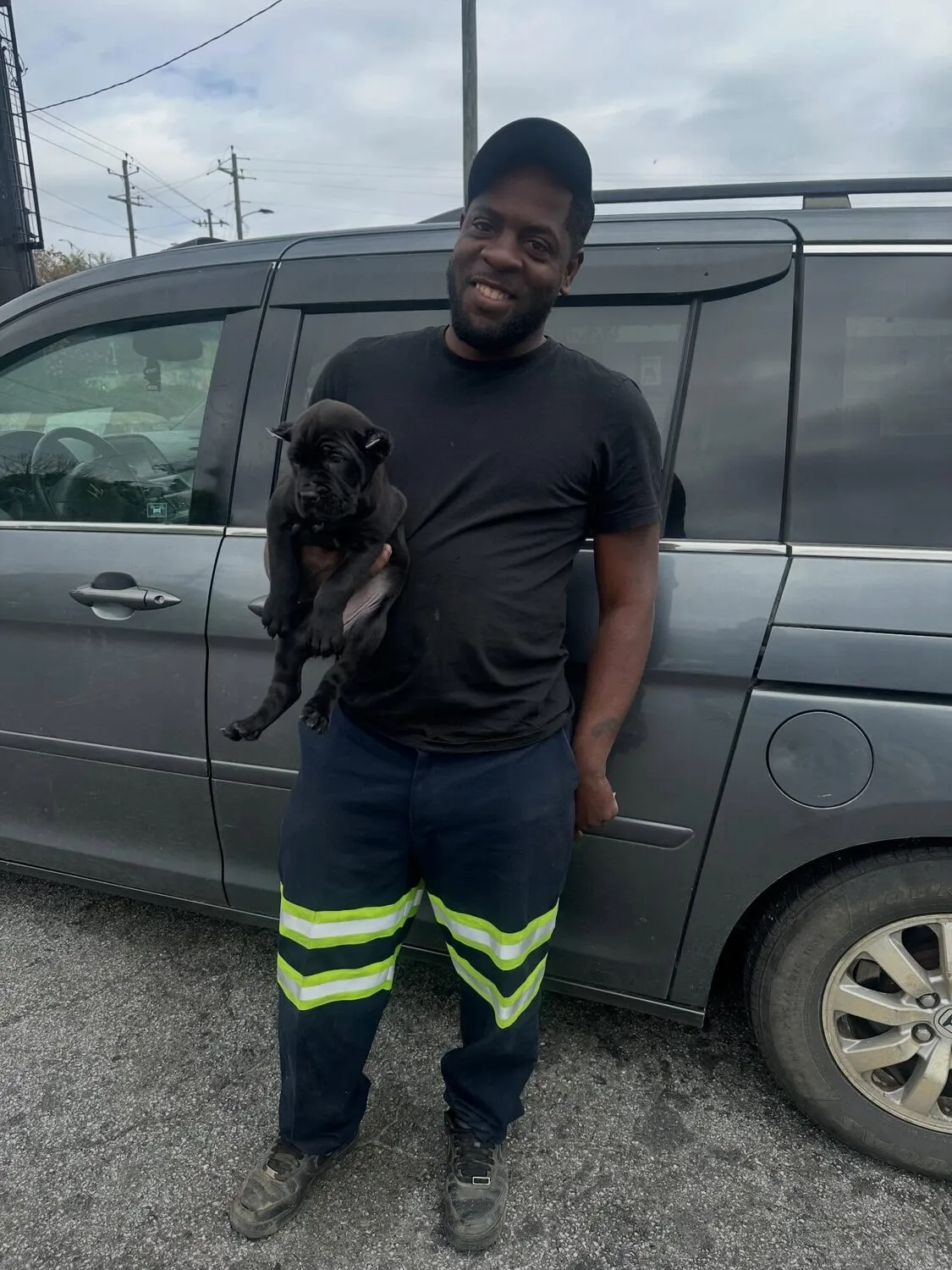 A new owner holding their Dboyland Cane Corso puppy
